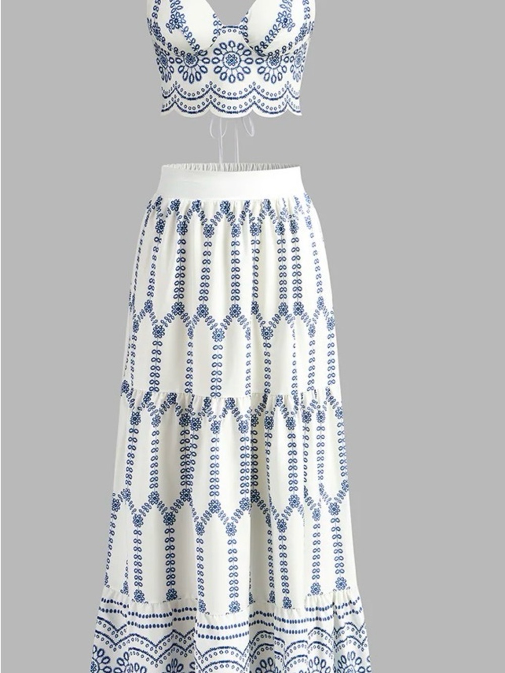 Commense White and Blue Embroidered Maxi Dress